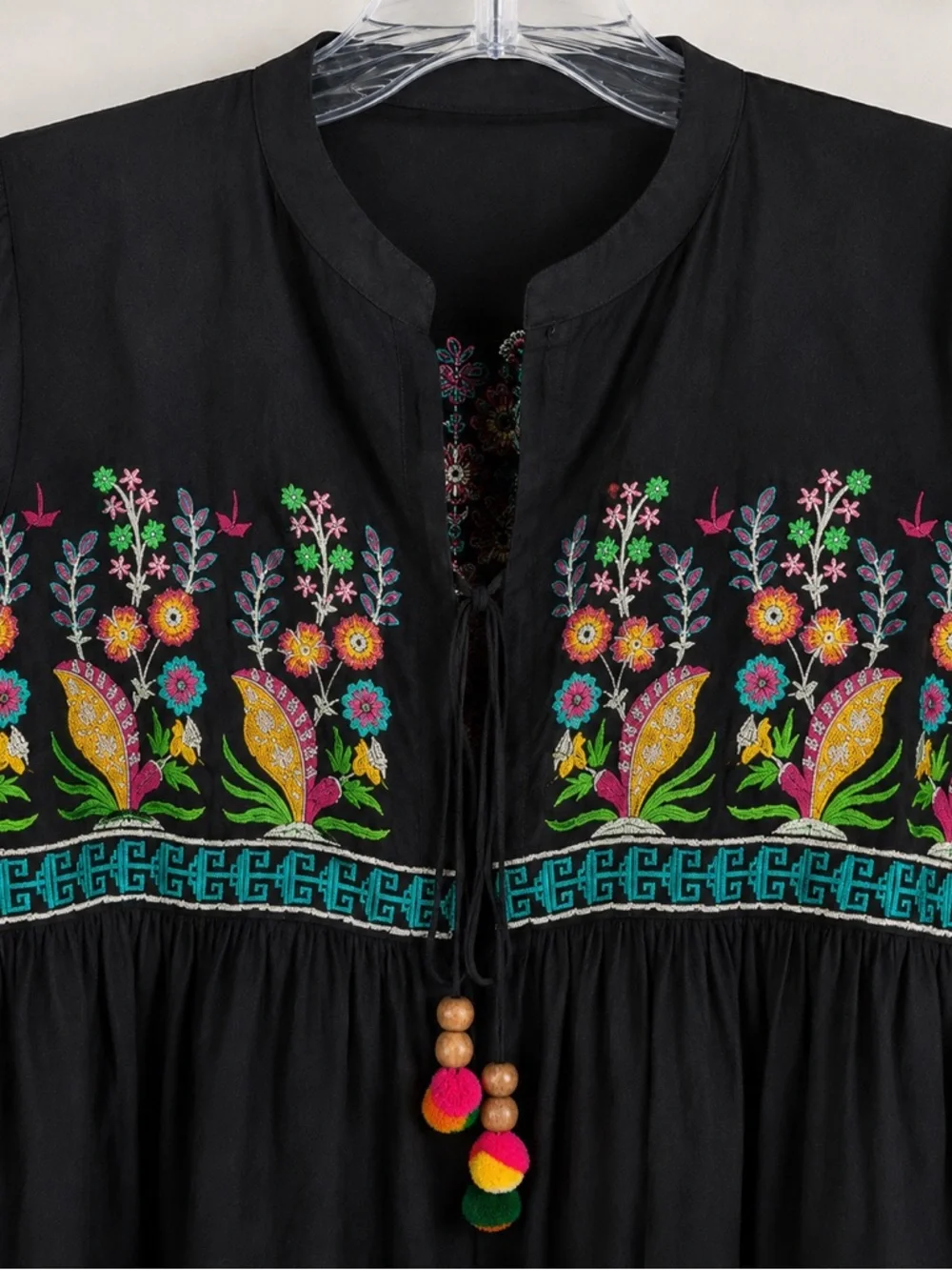 EGO Boho Embroidered Black Tunic Pom Pom Tie Open Front Balloon Sleeve S